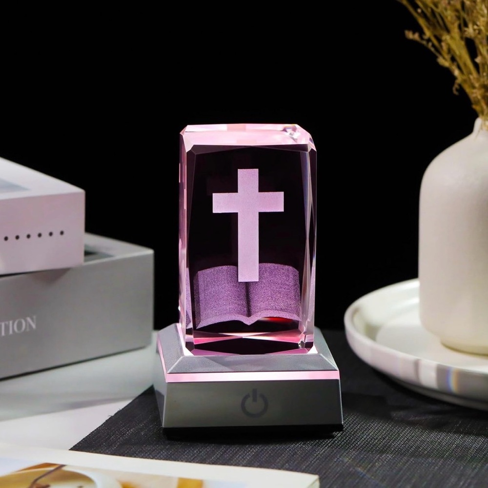 3D Crystal Bible Cross Figurine with Colorful Light Base - Picture 5 of 5
